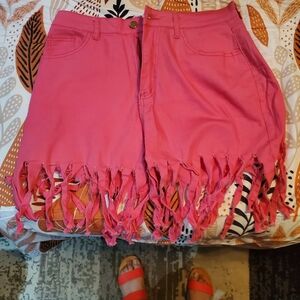 Pink Fringe Denim Shorts